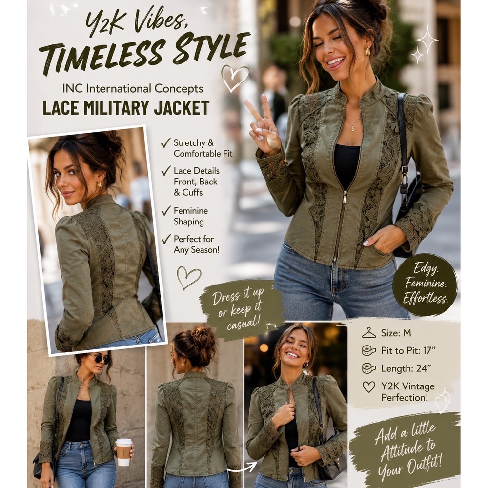 INC International Concepts Olive Green Lace Military Jacket Y2K Zip Up Medium